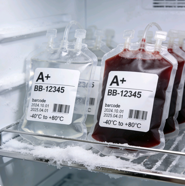 Etiquetas criog&eacute;nicas y de congelador de papel sint&eacute;tico para la identificaci&oacute;n de bolsas de sangre de bancos de sangre a -40 &deg;C 